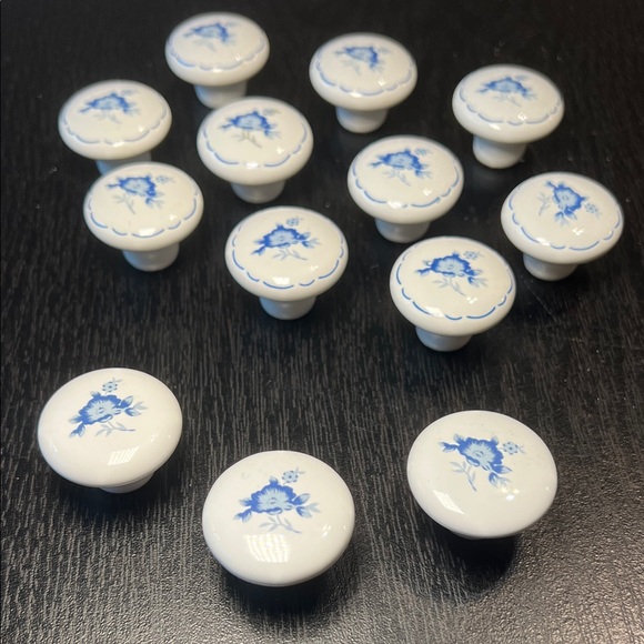 13 Vintage Porcelain Blue and White Floral Drawer Cabinet Knobs Pulls - Picture 1 of 9